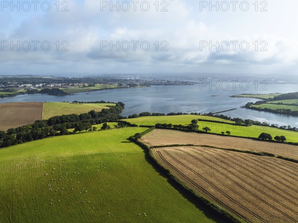 Farms and Fields over River Tamar Estuary from a drone, Cornwall, England, United Kingdom, Europe