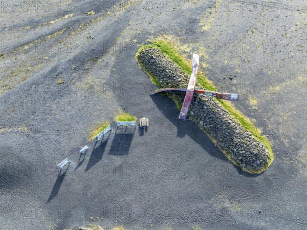 Aerial view of the Skeidara Bridge Monument viewpoint, large metal parts of the bridge that was destroyed by the 1996 glacier run, glacier Skaftafelljökull and Svinafellsjökull in the back, Iceland, Europe