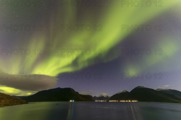 Northern Lights, (Aurora borealis) at a fjord near Skjiervoya, September 2024, Lapland, Finnmark, Norway, Europe