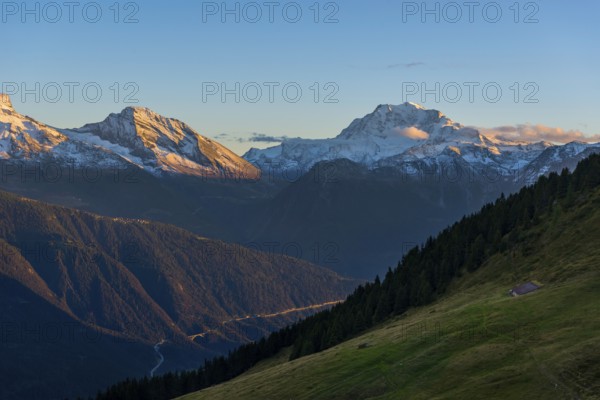 Bettmeralp with view of the Rhone valley, evening mood, alpenglow, tourism, travel, Valais, Switzerland, Europe