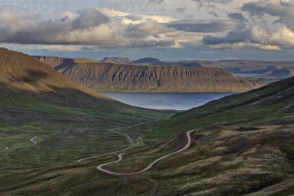 Winding gravel road, mountain road, fjord and mountains behind, cloudy mood, summer, Westfjords, Iceland, Europe