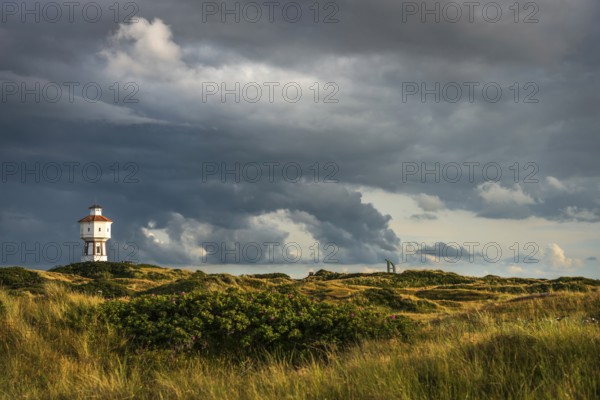 Water tower, clouds, weather, gloomy, cloudy, cloudy sky, storm, stormy, dune landscape, North Sea island, Langeoog, Germany, Europe