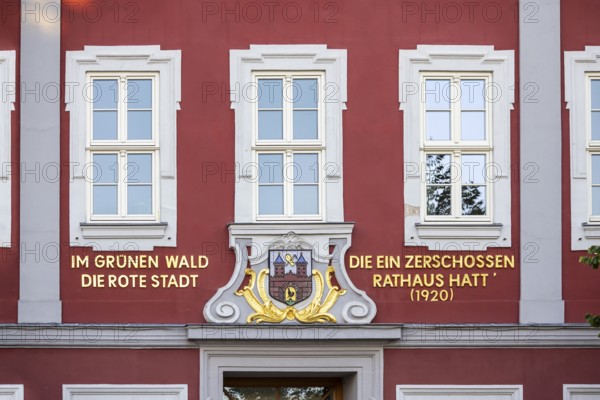 Red town hall on the market square, sight on the market square. City view of Suhl, Thuringia, Germany, Europe