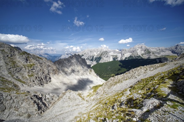 At the Hafelekar, view from the Karwendelblick of the Innsbruck Nordkette to the Karwendel mountains of the Alps, Alpine landscape, Innsbruck, Tyrol, Austria, Europe