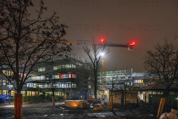 Nocturnal construction site at the University Hospital, Erlangen, Middle Franconia, Bavaria, Germany, Europe