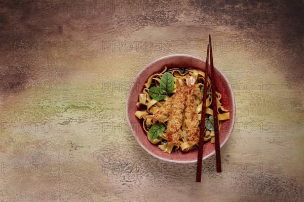 Udon noodles with shrimp in tempura, Japanese cuisine, homemade, no people