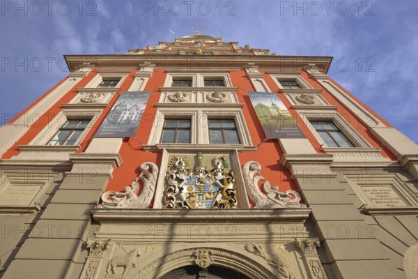 City coat of arms with decorations and year 1574 and view upwards, Renaissance, red, historic, historical, princely, Thuringian, lattice helmets, alliance coat of arms, banner, 450, years, anniversary, old town hall, main market, Gotha, Thuringia, Germany, Europe