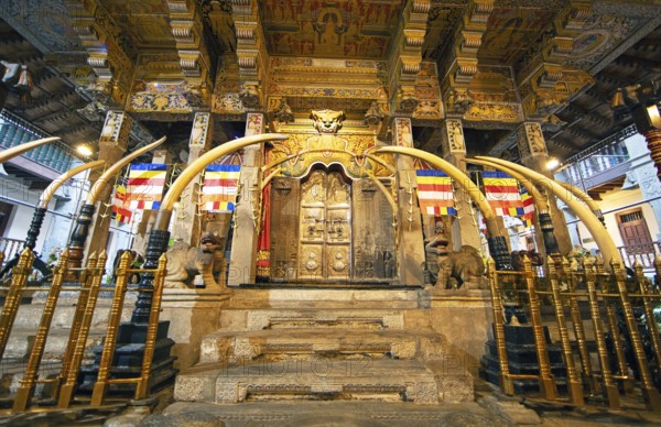 Golden shrine in the Buddhist Temple of the Tooth or Sri Dalada Maligawa, Kandy, Central Province, Sri Lanka, Asia