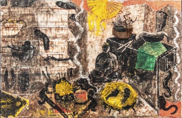 Chinese still life with Buddha, 1985, mixed media on canvas, exhibition Miquel Barcelo, Vida y Muerte, Museum Kueppersmuehle, Duisburg, Germany- Editorial use only