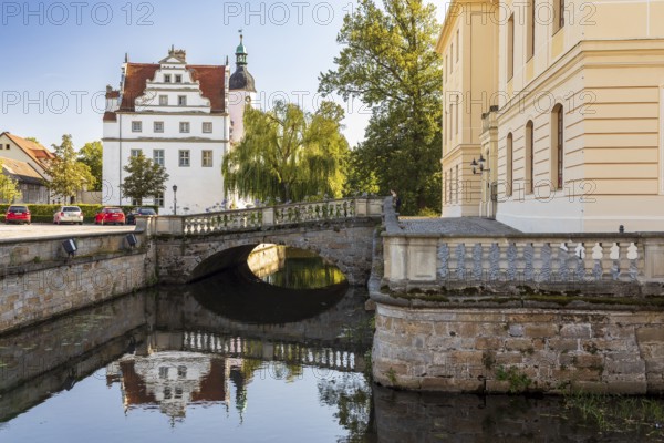 Schlossplatz, Altes Schloss, Große Röder and Palais Zabeltitz, Großenhain, Saxony, Germany, Europe