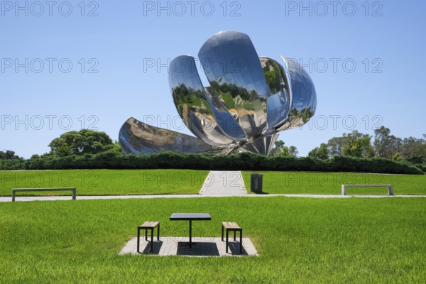 Buenos Aires, Argentina, Floralis Genérica is a sculpture made of steel and aluminium in the Plaza de las Naciones Unidas in the city's Recoleta district. The flower sculpture, a tulip, is a gift from Argentinian architect Eduardo Catalano to the city, a landmark in its own right, South America