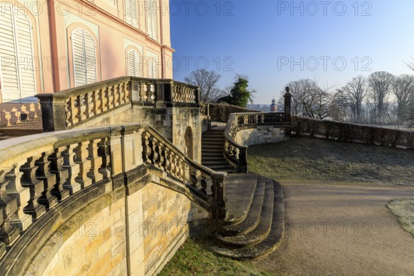 Staircase at the Fasanenschlößchen, in the background the Moritzburg lighthouse, Saxony, Germany, Europe