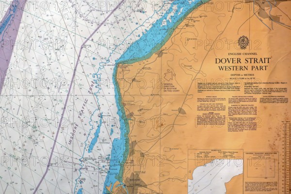 Close-up of nautical map with compass rose of the Dover Strait marking the boundary between the English Channel and the North Sea