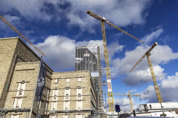 Construction site Stuttgart 21. heritage-protected Bonatz building with crane. Stuttgart, Baden-Württemberg, Germany, Europe