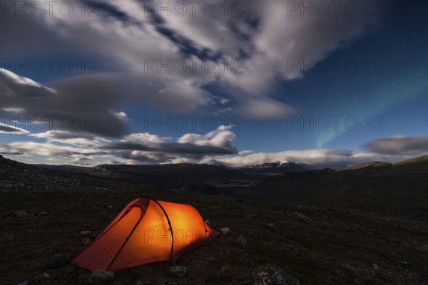 Tent in mountain landscape, Sarek National Park, World Heritage Laponia, Norrbotten, Lapland, Sweden, night shot, lighting, Scandinavia, Europe