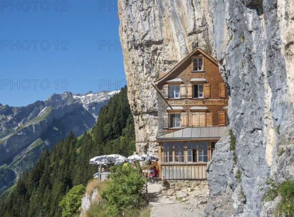 Ebenalp, Guest house Aescher, Wildkirchli under the Ascher cliff, Ebenalp, Appenzell, Switzerland, Europe