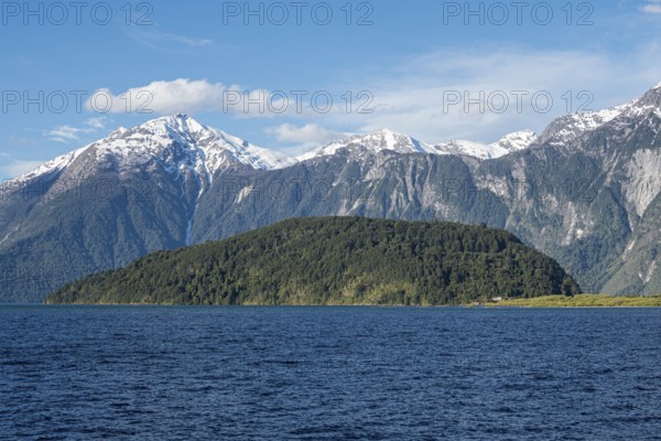 Mountain range at southern shore of Lake Lago Yelcho, along road 235 connecting Futaleufu with the Carretera Austral, Patagonia, Chile, South America