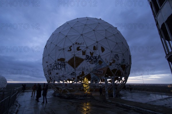A Christmas tree stands inside a radar dome at the former listening station on the Teufelsberg, Berlin, 22 December 2024
