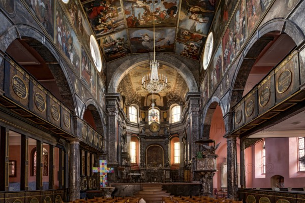 Union Church, interior with choir, pulpit, painting on canvas, riding choir, historic old town, Idstein, Rheingau Taunus district, German Half-Timbered Road, Hesse, Germany, Europe