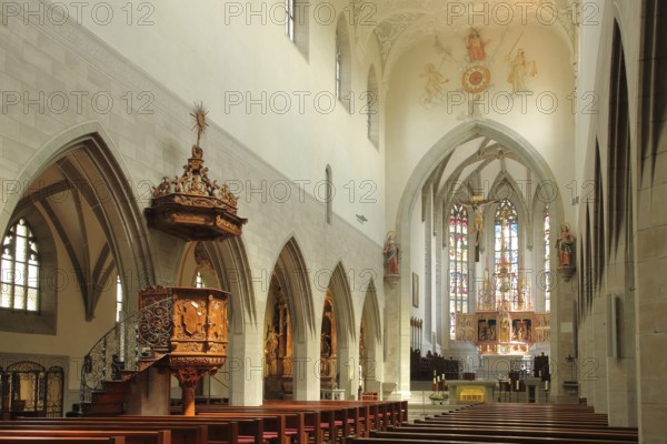 Pulpit with wood carving, fresco, high altar, decorations, Last Judgement, Last Judgement, Apocalypse, Last Judgement, arts and crafts, interior view, Our Lady, Minster, Radolfzell, Untersee, Lake Constance, Lake Constance area, Hegau, Baden-Württemberg, Germany, Europe