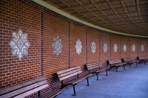 Walkway of the Moorish Garden, benches, Wilhelma, Zoological-Botanical Garden, Stuttgart, Baden-Württemberg, Germany, Europe