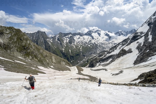 Mountaineers hiking in a snowfield, Nördliche Mörchnerscharte, behind mountain peak Kleiner Mörchner and Greizer Spitze with snow, Berliner Höhenweg, Zillertal Alps, Tyrol, Austria, Europe