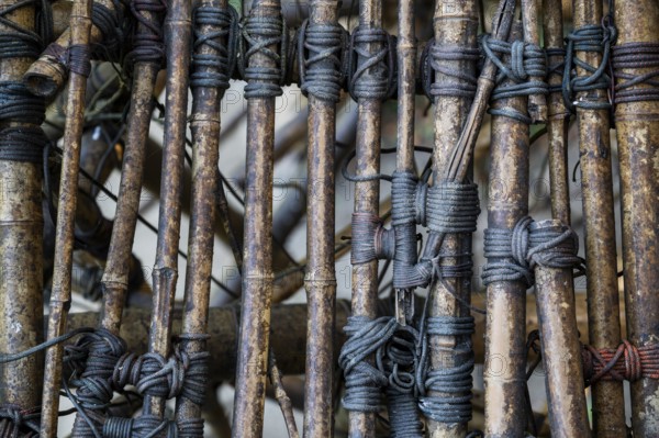 Close-up of a complex bamboo installation with ropes, bamboo sculpture by Doug and Mike Starn, art museum Ordrupgaard, collection of Henny and Wilhelm Hansen, Ordrup, Charlottenlund, near Copenhagen, Denmark, Europe