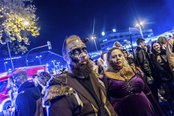 The Zombiewalk in Essen, on Halloween several hundred people, some dressed as scary zombies, undead, walked from the main railway station to the district of Rüttenscheid, North Rhine-Westphalia, Germany, Europe