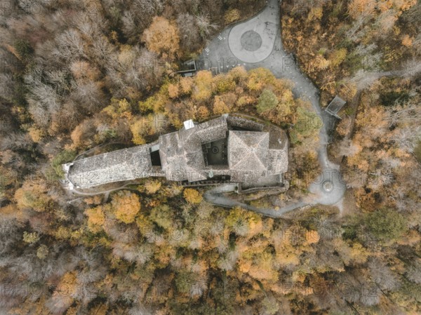 Aerial view of Hohenklingen Castle above Stein am Rhein on a foggy autumn day, Canton Schaffhausen, Switzerland, Europe