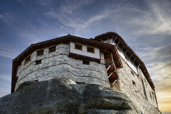 Orthodox Monastery of St Nikolaos Anapavsas, Meteora, evening sky, Thessaly, Greece, Europe