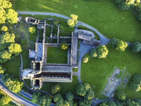 Top Down over Kirkstall Abbey from a drone, Kirkstall, River Aire, Leeds, West Yorkshire, England, United Kingdom, Europe