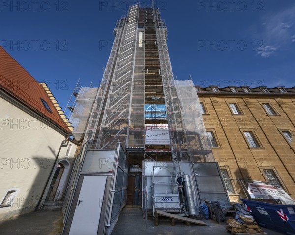 Scaffolding on the tower of the baroque St Boniface's Church, Weißenohe, Upper Franconia, Bavaria, Germany, Europe