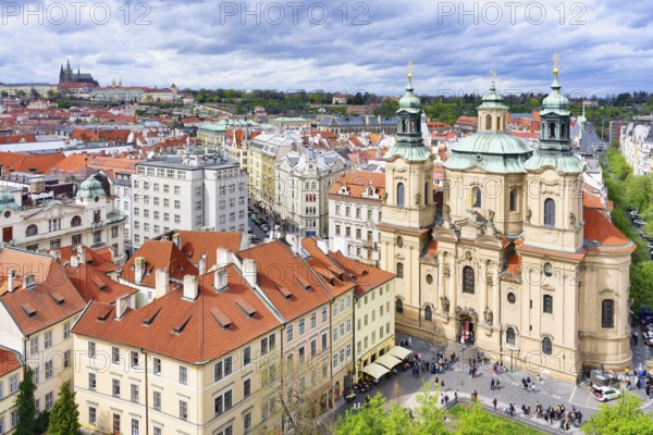 Aerial view of St. Nicholas Church, Castle and the Prague Cathedral, Prague, Bohemia, Czech Republic, Europe