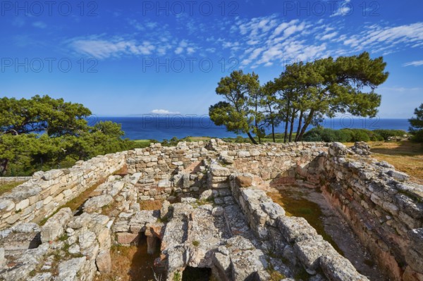 Ancient ruins with stone walls and views of the sea and trees under a blue sky, Kamiros, Archaeological site, Ancient city, Foundation of Doric Greeks, Rhodes, Dodecanese, Greek Islands, Greece, Europe