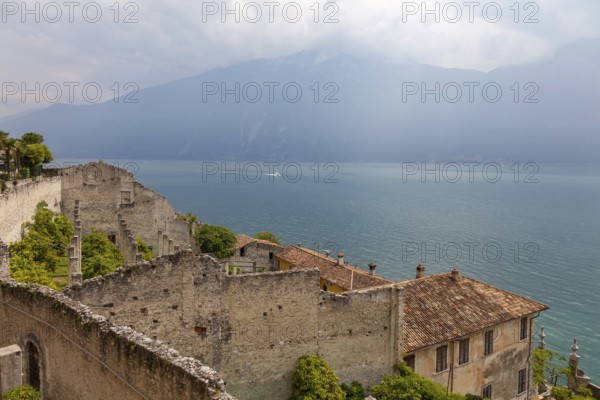 View over the Limonaia del Castèl to Lake Garda, Limone sul Garda, Lombardy, Italy, Europe
