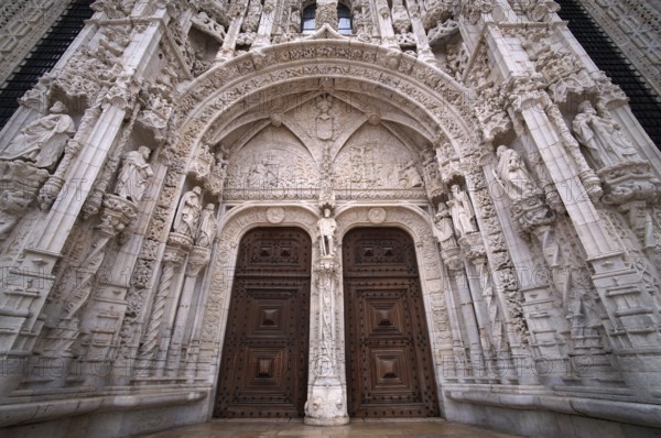 South portal, tympanum, Hieronymite monastery Mosteiro dos Jerónimos, also known as Mosteiro de Belém, Belém, Lisbon, Portugal, Europe