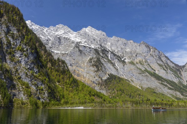 Passenger boat on the Königssee, Waltzmann group, mixed forest, rock, mountain, Berchtesgadner Land, Bavaria, Germany, Europe