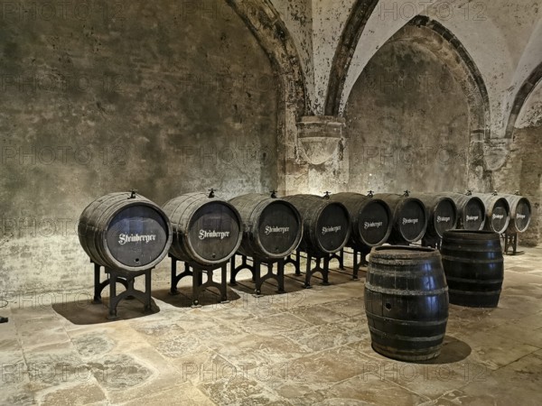 Wine cellar in Eberbach Abbey, Erbach Abbey, former Cistercian abbey near Eltville am Rhein, Hesse, Germany, Europe
