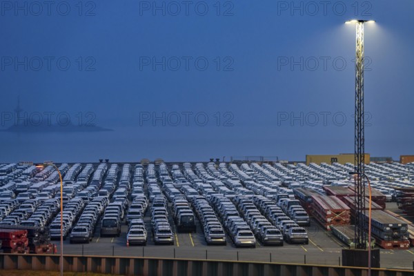 Parking space for import vehicles, hundreds of Hyundai Ioniq, electric cars, waiting for onward transport, at the EUROGATE container terminal in the overseas harbour of Bremerhaven, Lower Saxony, Germany, Europe