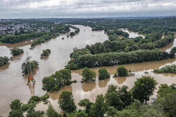 Flood on the Ruhr, after long heavy rainfall the river left its bed and flooded the countryside and villages, the highest water level ever recorded, Ruhr near Essen-Horst, North Rhine-Westphalia, Germany, Europe