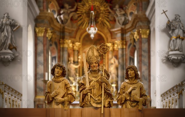 Interior view of the main altar with painting St John on Patmos by Johann Baptist Zimmermann, Neumünster parish church, Würzburg, Lower Franconia, Bavaria, Germany, Europe