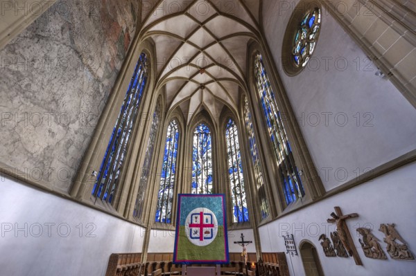 Chancel with Lenten cloth in the late Gothic St John's Church, Obere Kirchgasse, Kitzingen, Lower Franconia, Bavaria, Germany, Europe