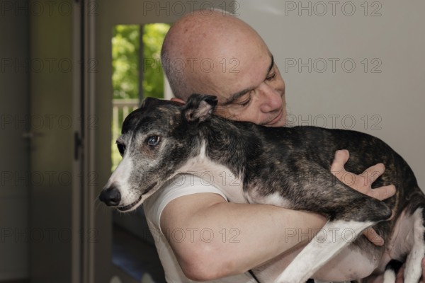 Portrait of a mature man cradling a greyhound dog in his arms at home, sharing an affectionate gesture