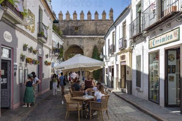 Lively old town street with street café, surrounded by historic buildings and flowers, Cordoba