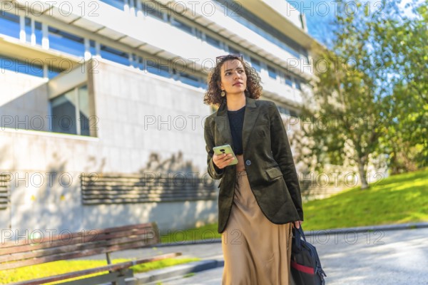 Low angle view photo of an Arab young freelancer using mobile walking along the city
