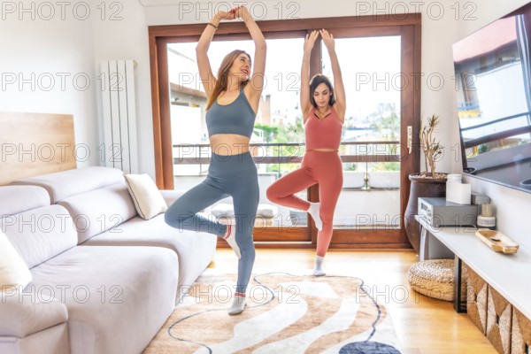 Two sporty girls practicing yoga and meditation in the living room, following an online class on their laptop or smartphone