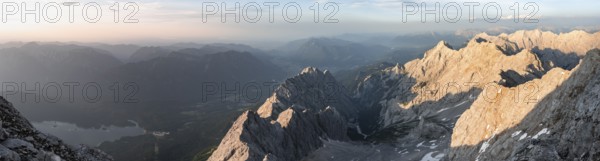 Impressive rocky mountain landscape in the evening light, steep mountain ridge, Jubiläumsgrat and Waxensteinkamm, view into the Höllental, mountain panorama from the Zugspitze, Wetterstein range, Bavaria, Germany, Europe