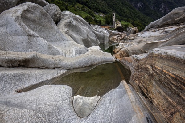 Rocks in the Verzasca River, behind Lavertezzo, Verzasca Valley, Valle Verzasca, Canton Ticino, Switzerland, Europe