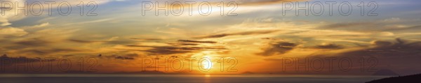 Panorama of Sunset over Aeolian Islands and Stromboli Volcano from Nicotera, Aeolus, Sicily, Tyrrhenian Sea, Italy, Europe