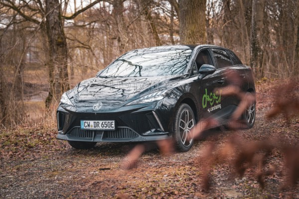 Black electric car parked in autumn forest, e-car sharing vehicle from Deer Mobility, Gechingen, Black Forest, Germany, Europe